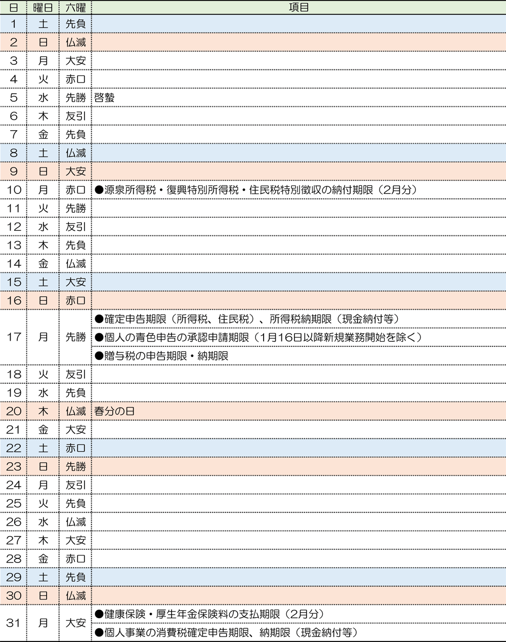 税務カレンダー｜2025年3月｜つちはし税務会計｜福岡