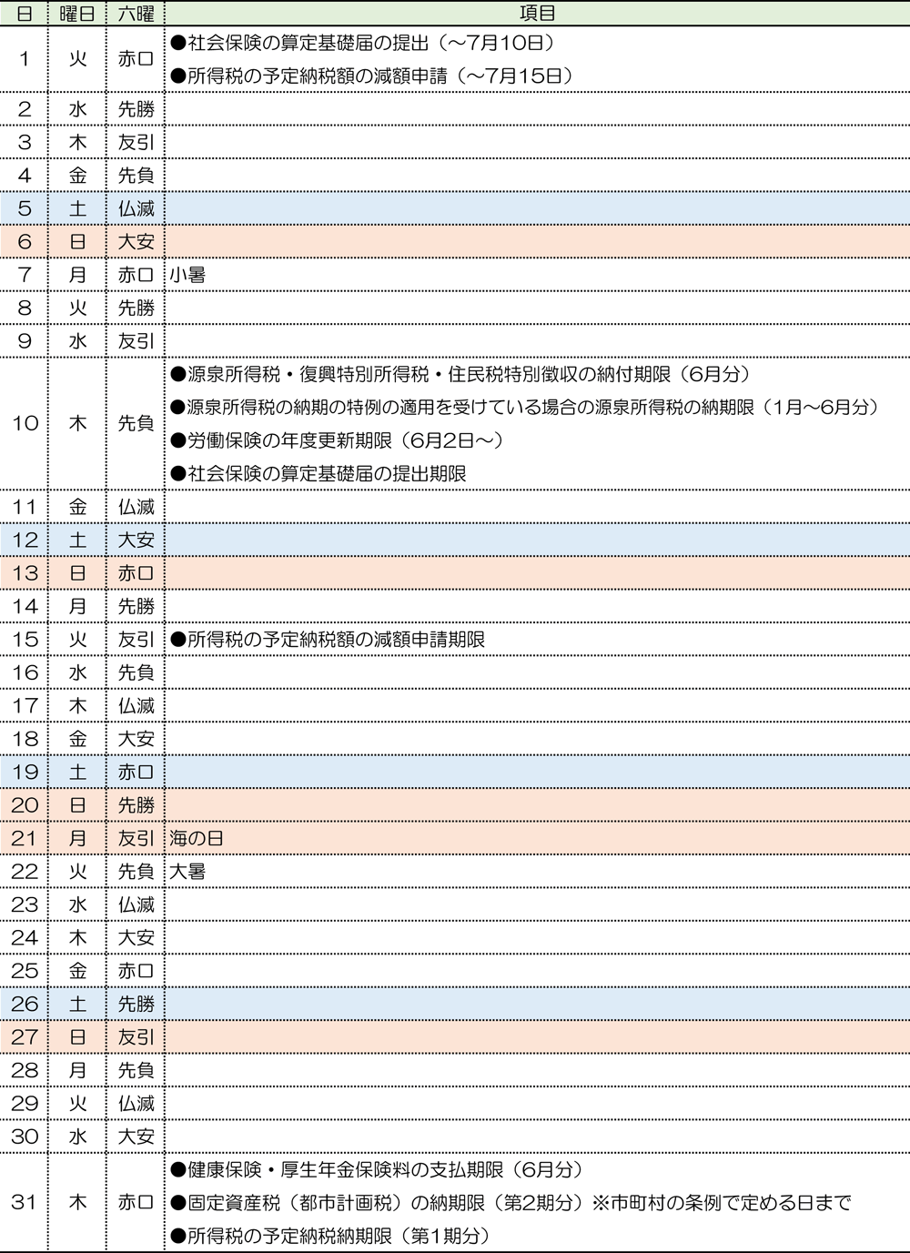 税務カレンダー｜2025年7月｜つちはし税務会計｜福岡